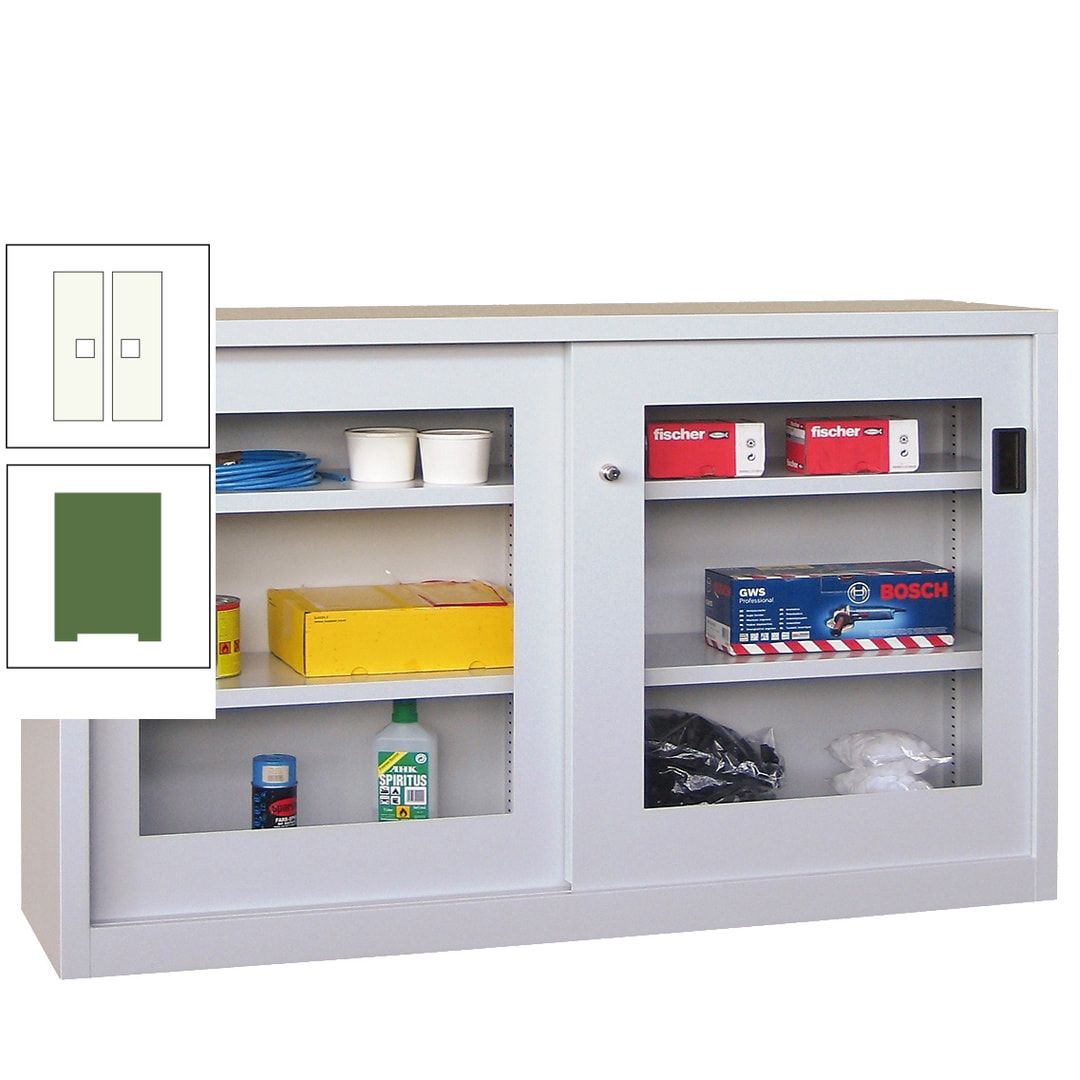 Schiebetürenschrank - Sichtfenstertüren - 1.000x1.500x600 mm (HxBxT) - 4 Böden, verzinkt - Zylinderschloss - anthrazitgrau