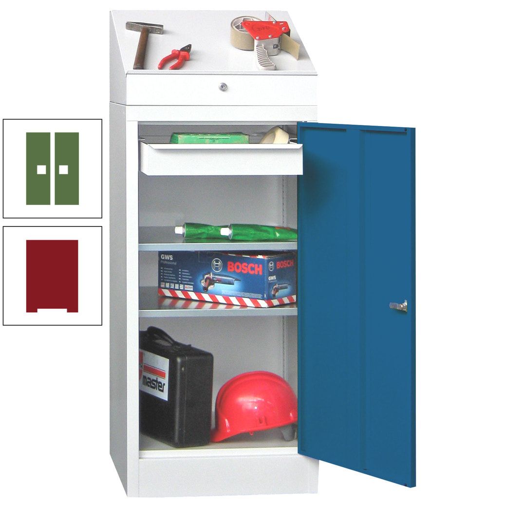 Stehpult mit Schrank - Vollblechtür - 1 Einlegeboden, 1 Ausziehboden, 1 Schublade - 1.270x500x500 mm (HxBxT) - anthrazitgrau