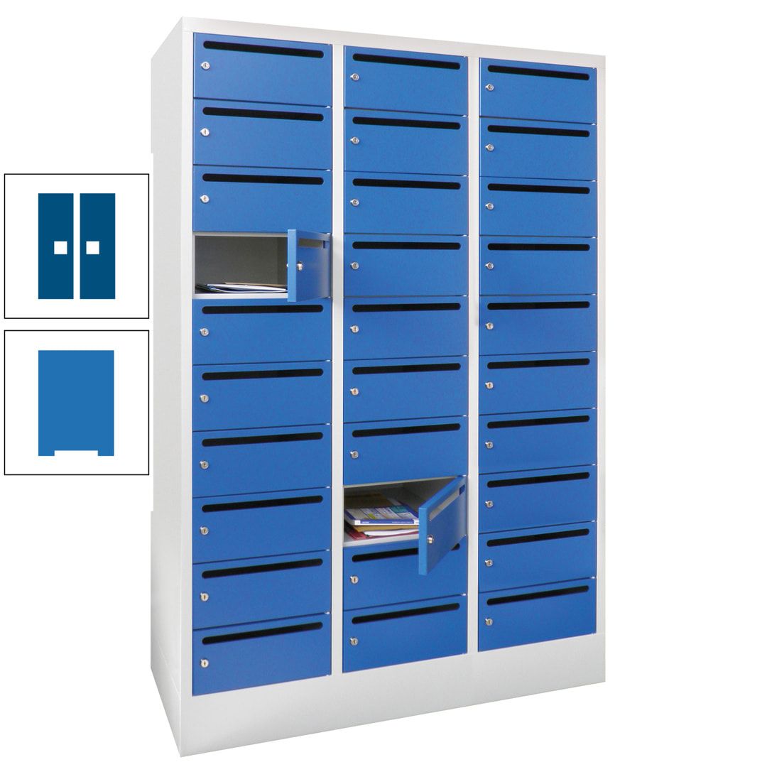 Postverteilerschrank, Schließfachschrank, 3 Abteile a 300 mm, 30 Fächer, 1.850 x 900 x 500 mm (HxBxT), Korpus anthrazitgrau, Front anthrazitgrau