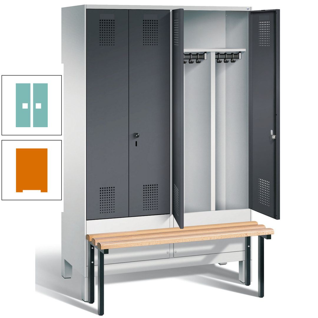 Doppel-Spind, Garderobenschrank, Buche Sitzbank vorgebaut, 4 Abteile a 300 mm, Korpus feuerrot, Tür Wasserblau, 1.850 x 1.200 x 815 mm (HxBxT)