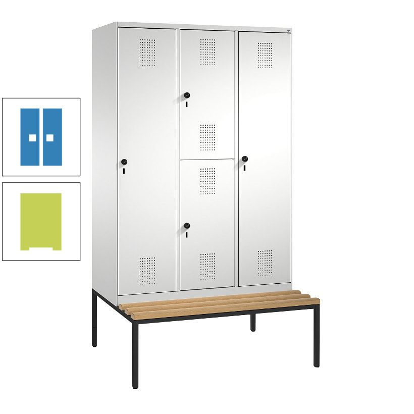 Garderobenschrank, Spind ein- und doppelstöckig Sitzbank, 3 Abteile, 4 Fächer, 2.090x1.200x500 mm (HxBxT), Front anthrazitgrau, Korpus anthrazitgrau