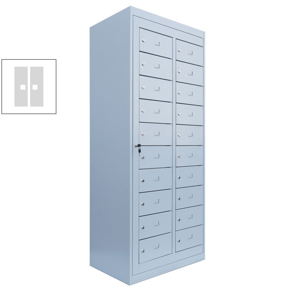 Verteilerschrank, Ausgabeschrank, Fächerschrank, Zentraltür, 2 Abteile, 20 Fächer, 1.800 x 740 x 500 mm (HxBxT), Korpus lichtgrau, Front enzianblau