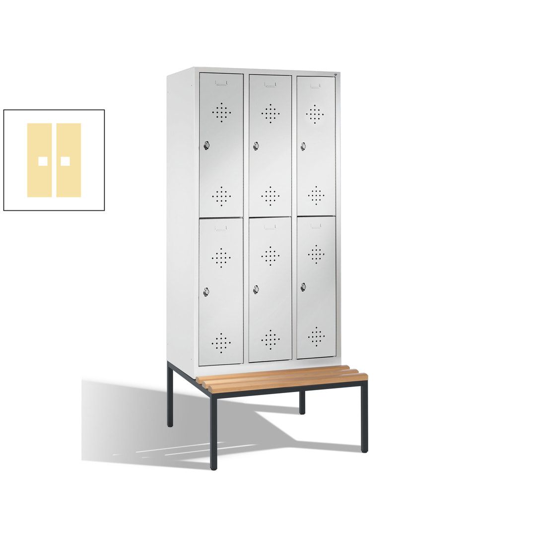Garderobenschrank, Spind, 3 Abteile 6 Fächer, 2.090 x 1.200 x 815 mm (HxBxT), Hartholz Sitzbank untergebaut, Korpus anthrazitgrau, Türen anthrazitgrau