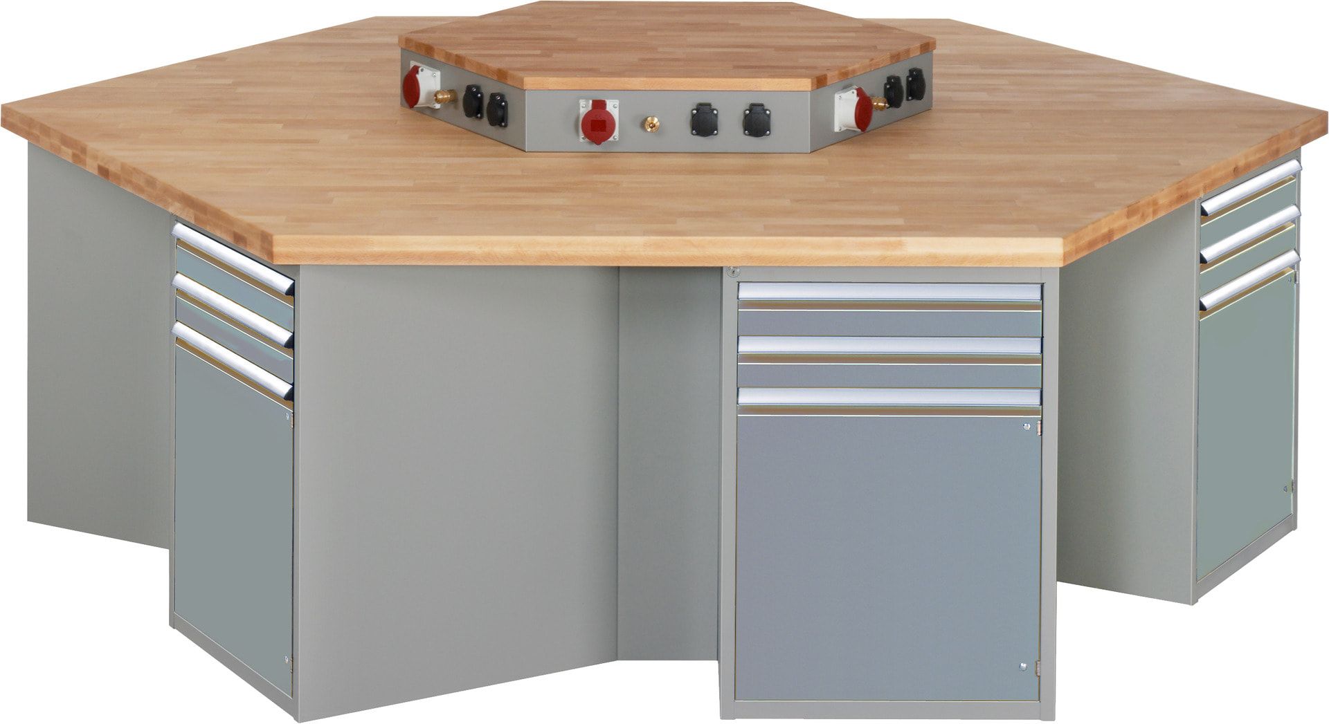 Gruppenwerkbank, Buche, Höhe 840 mm, mit Energieaufsatz, Unterbau-Container, 2 Schubladen, 1 Tür, 1 Boden - Anthrazitgrau