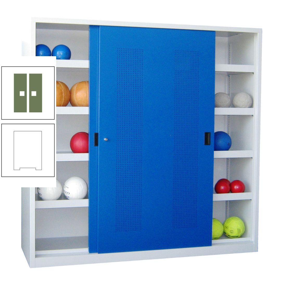 Ballschrank - Schiebetüren mit Lochfeld - Trennwand - 8 Böden - 1.950x2.000x600 mm (HxBxT) - anthrazitgrau