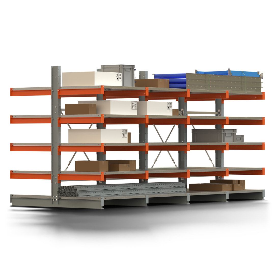 Doppelseitiges Kragarmregal mit Fachböden, 2 Felder, 2.000 x 2.000 (HxB), Nutztiefe 1.000 mm, Kragarmlast 450 kg, KARL basic, silbergrau/reinorange