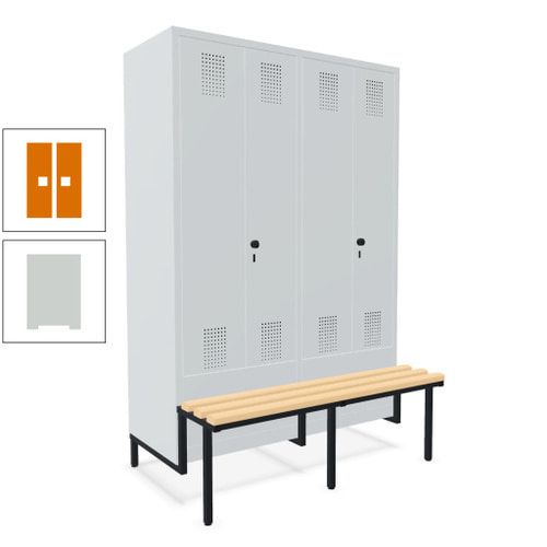 Doppel-Spind, Garderobenschrank, Buche Sitzbank integriert, 4 Abteile 300 mm, Korpus anthrazitgrau, Tür anthrazitgrau, 1.850 x 1.200 x 815 mm (HxBxT)