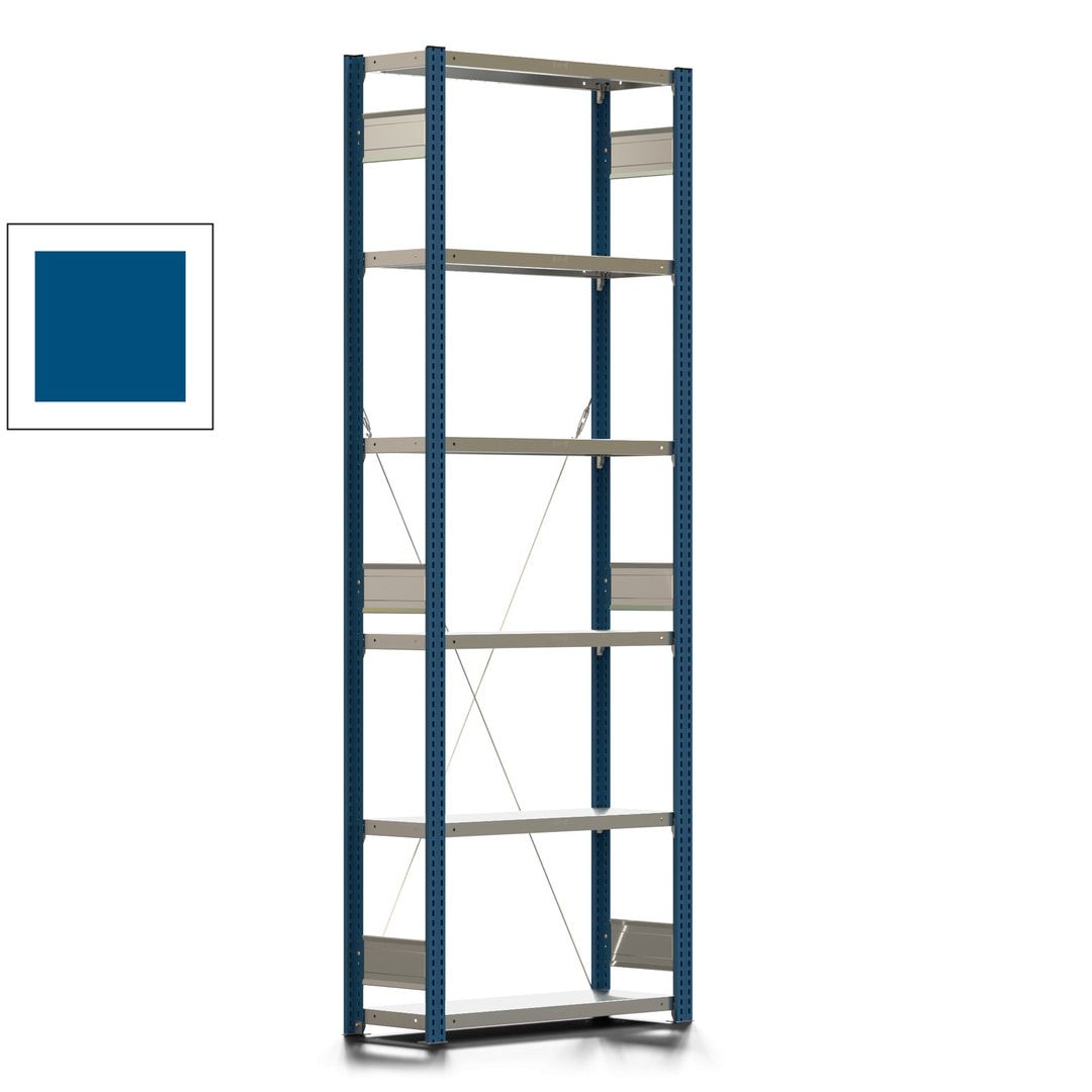 Fachbodenregal mit Tiefenriegel - 350 kg - 2.500 x 875 x 326 mm (HxBxT) - Anbauregal - 6 Böden - enzianblau - Lagerregal - Steckregal BERT