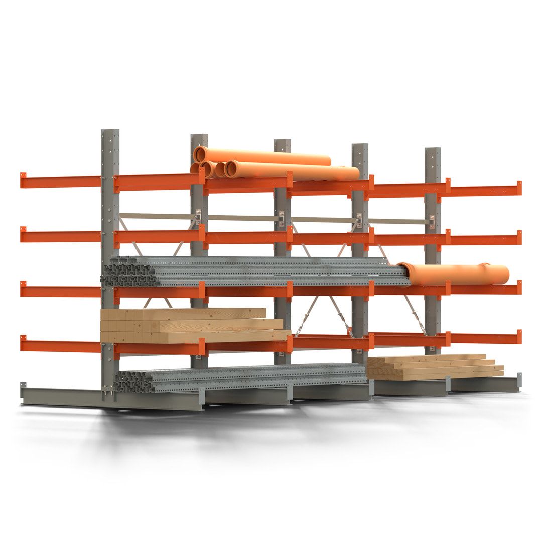 Doppelseitiges Kragarmregal, 2 Felder, 2.000 x 2.000 x 1.120 mm (HxBxT), Nutztiefe 500 mm, Kragarmlast 870 kg, KARL basic, silbergrau/reinorange