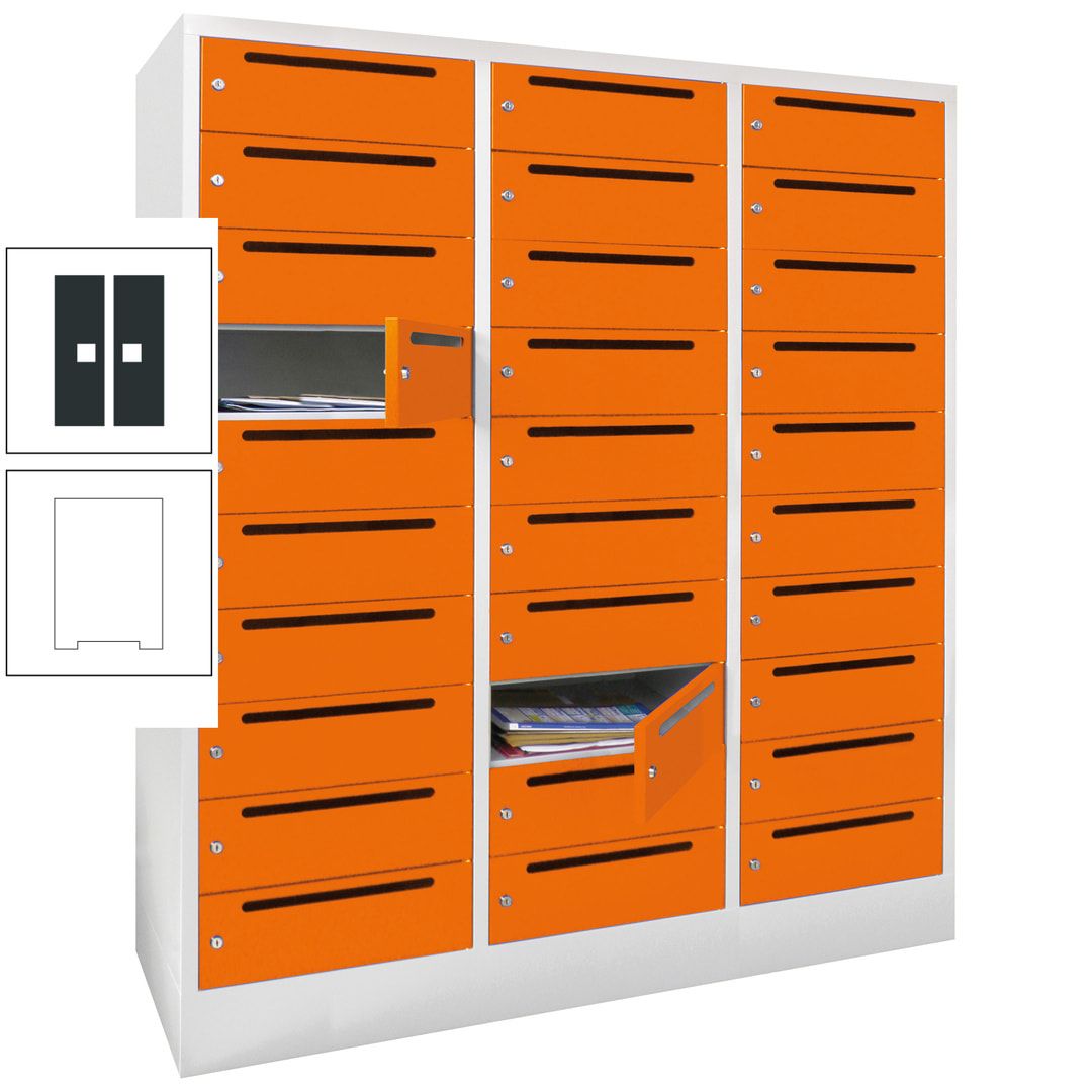 Postverteilerschrank, Schließfachschrank, 3 Abteile a 40 cm, 30 Fächer, 1.850 x 1.200 x 500 mm (HxBxT), Korpus anthrazitgrau, Front anthrazitgrau