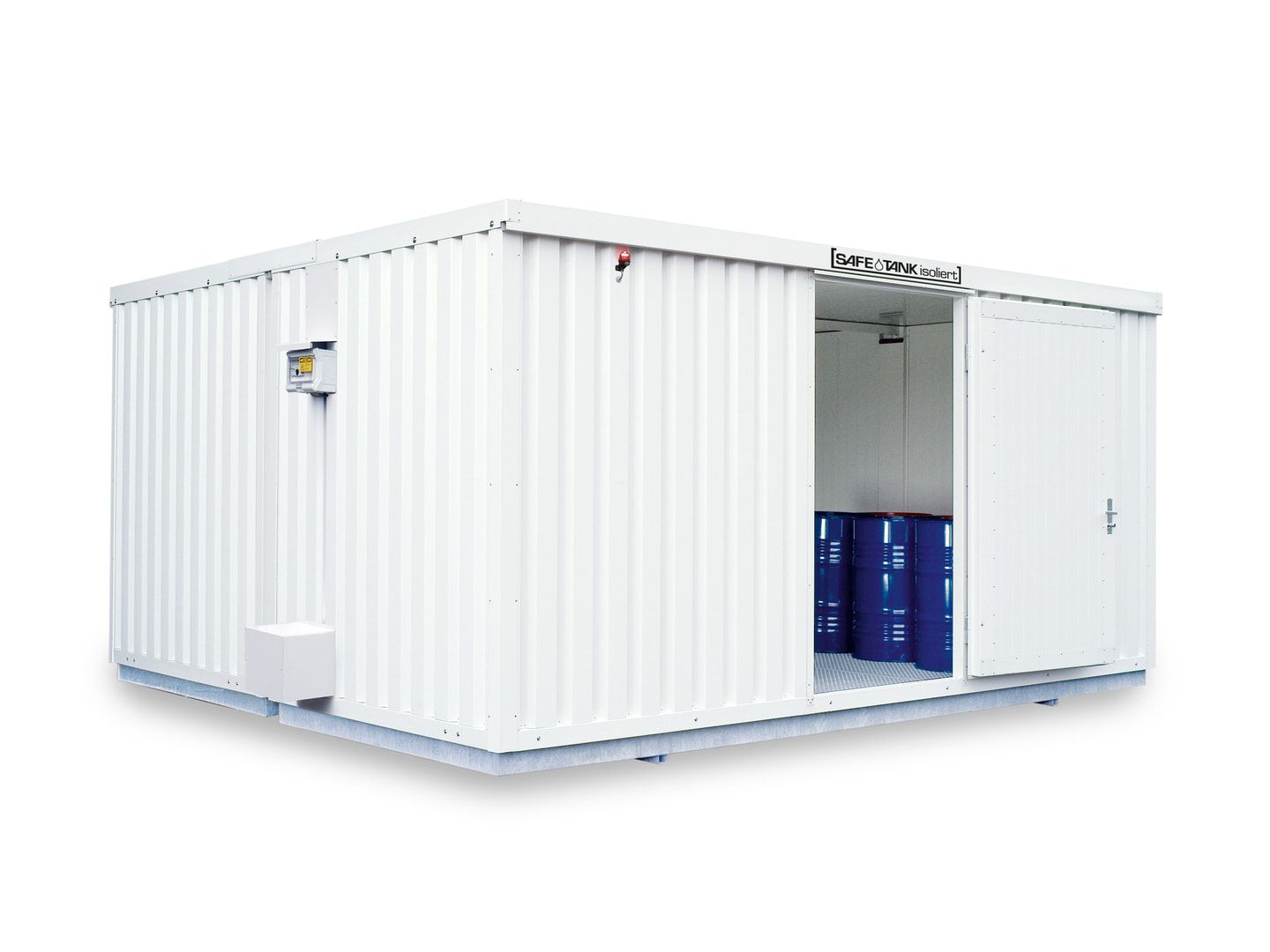 Isolierter Gefahrstoffcontainer - 2.520 x 5.050 x 4.340 mm (HxBxT) - Auffangvolumen 2 x 1.480 l - Dauerlüfter - Doppelflügeltür kurze Seite
