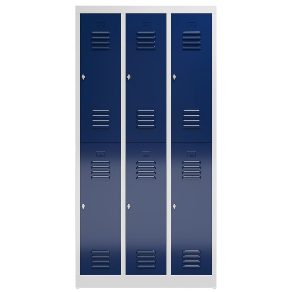 Garderobenschrank, Doppelstockspind, 3 Abteil, 6 Fächer, 1.800 x 870 x 500 mm (HxBxT), Stahl, Drehriegel, Korpus: lichtgrau, Front: anthrazitgrau
