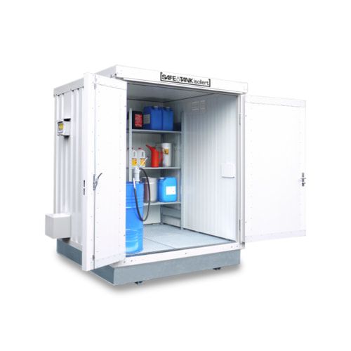 Isolierter Gefahrstoffcontainer - 2.650 x 2.100 x 2.170 mm (HxBxT) - Auffangvolumen 1.040 l - mit Dauerlüfter - asymmetrische Doppelflügeltür