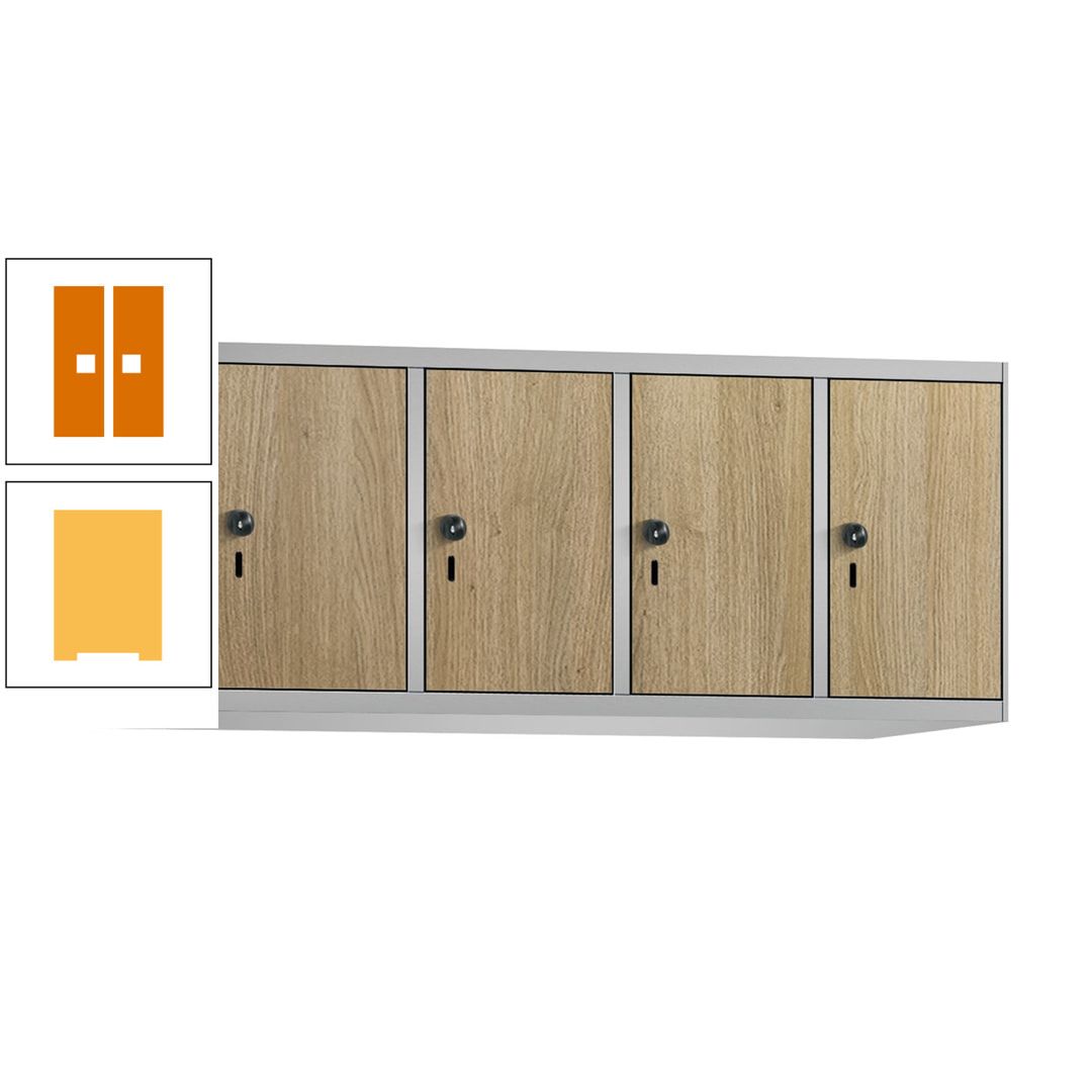 Aufsatzschrank, Schrankaufsatz, 4 Fächer a 300 mm, Farbe Pastellgelb, Tür anthrazitgrau, 500 x 1.200 x 500 mm (HxBxT)