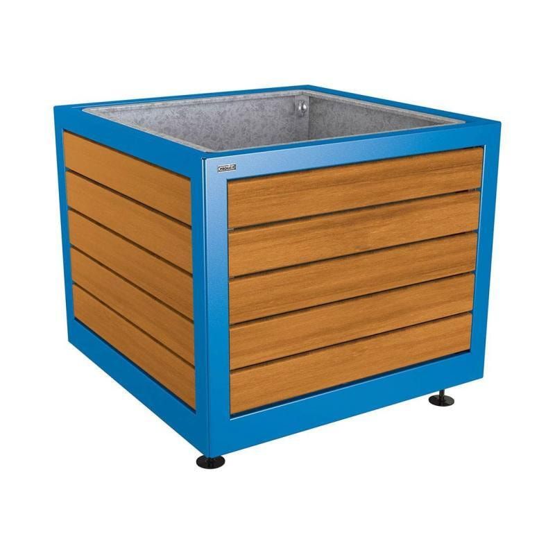 Pflanzbehälter, Stahl und Holz, verstellbare Füße, Innenverkleidung feuerverzinkt, 800 x 1.000 x 1.000 mm (HxBxT), Farbe enzianblau