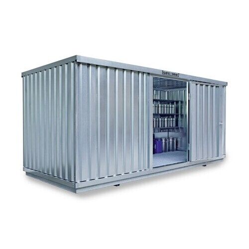 Gefahrstoffcontainer - Gefahrstoffdepot - 2.300 x 5.080 x 2.170 mm (HxBxT) - Auffangvolumen 1.480 l - Doppelflügeltür kurze Seite
