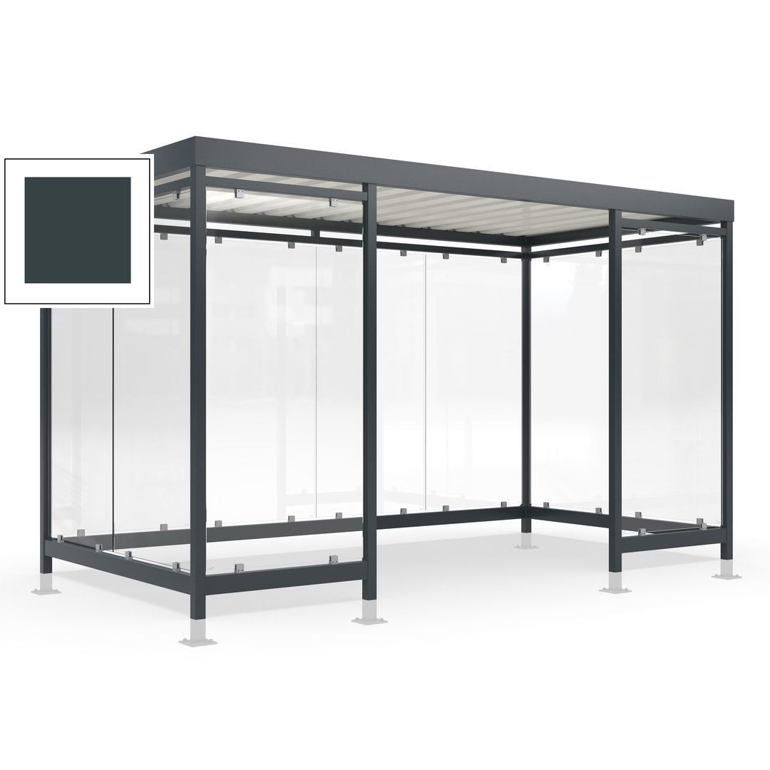 Raucherunterstand für 12-13 Personen, Bushaltestelle, mit Überpflasterung, 2.440 x 4.195 x 2.165 mm (HxBxT), 10 Wände, Achatgrau