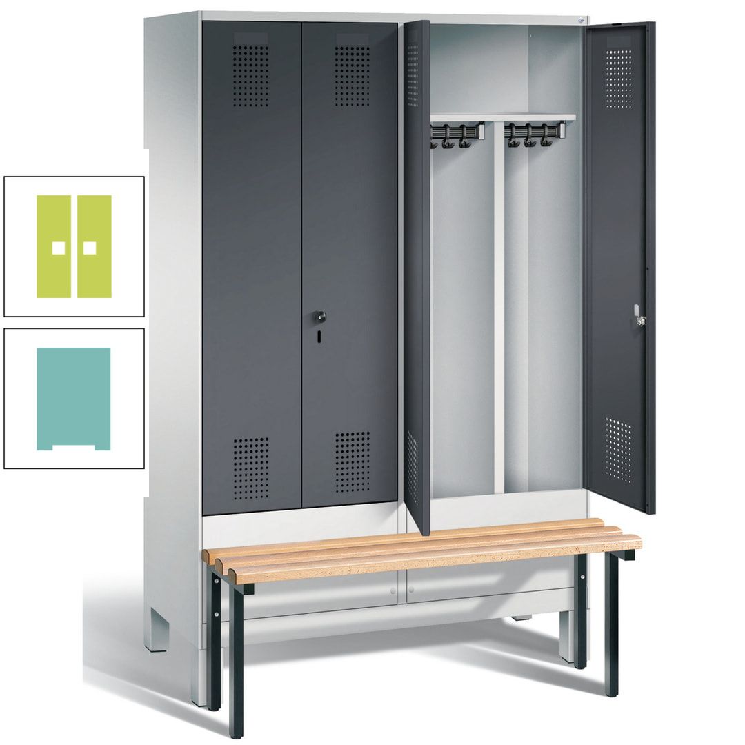 Doppel-Spind, Garderobenschrank, Buche Sitzbank vorgebaut, 4 Abteile a 300 mm, Korpus feuerrot, Tür Wasserblau, 1.850 x 1.200 x 815 mm (HxBxT)