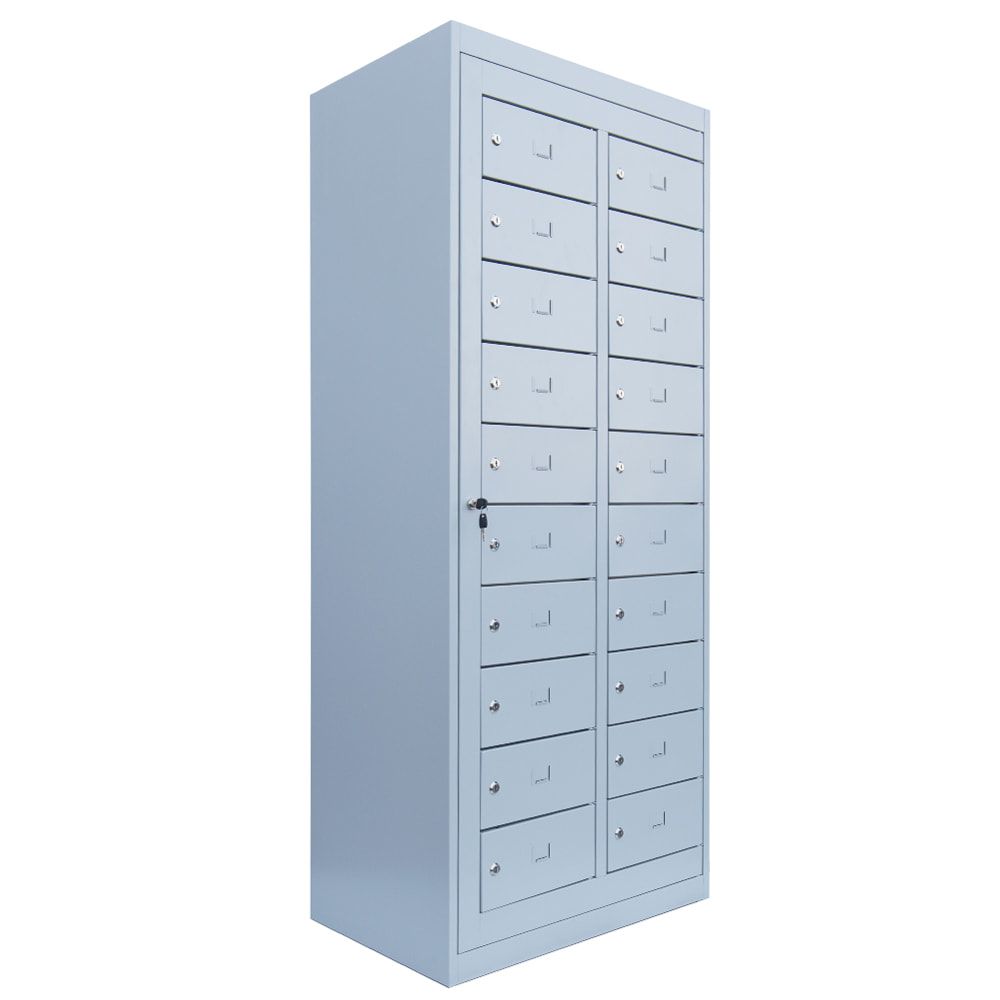 Verteilerschrank, Ausgabeschrank, Fächerschrank, Zentraltür, 2 Abteile, 20 Fächer, 1.800 x 740 x 500 mm (HxBxT), Korpus lichtgrau, Front enzianblau