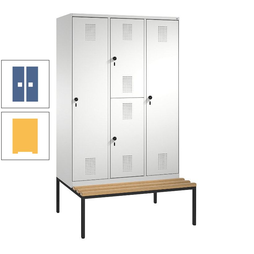 Garderobenschrank, Spind ein- und doppelstöckig Sitzbank, 3 Abteile, 4 Fächer, 2.090x1.200x500 mm (HxBxT), Front anthrazitgrau, Korpus anthrazitgrau