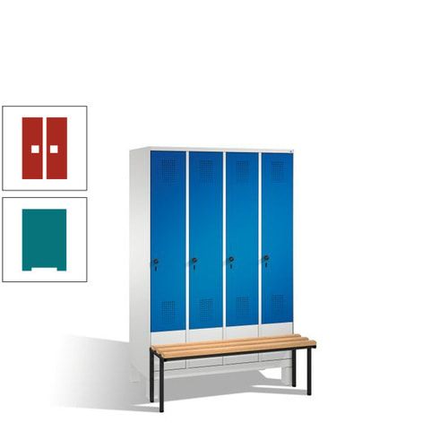 Stahl-Garderobenschrank, Spind, Buche Sitzbank vorgebaut, 4 Abteile a 300 mm, Korpus Lichtgrün, Tür Schwefelgelb, 1.850 x 1.200 x 815 mm (HxBxT)