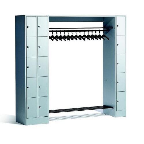 Garderobenanlage, Offene Garderobe mit Spindschrank, 15 Fächer, links/rechts, Korpus lichtgrau, Türfarbe enzianblau, 1.950 x 2.100 x 480 mm (HxBxT)