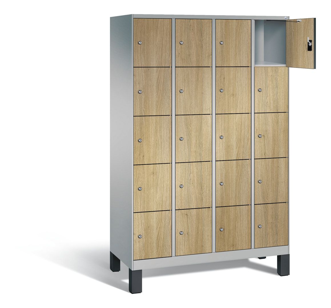 Garderobenschrank, Spindschrank auf Füßen, 4 Abteile, 20 Fächer, 1.850 x 1.200 x 500 mm (HxBxT), Dekorfront HPL Donau-Ahorn, Korpus anthrazitgrau