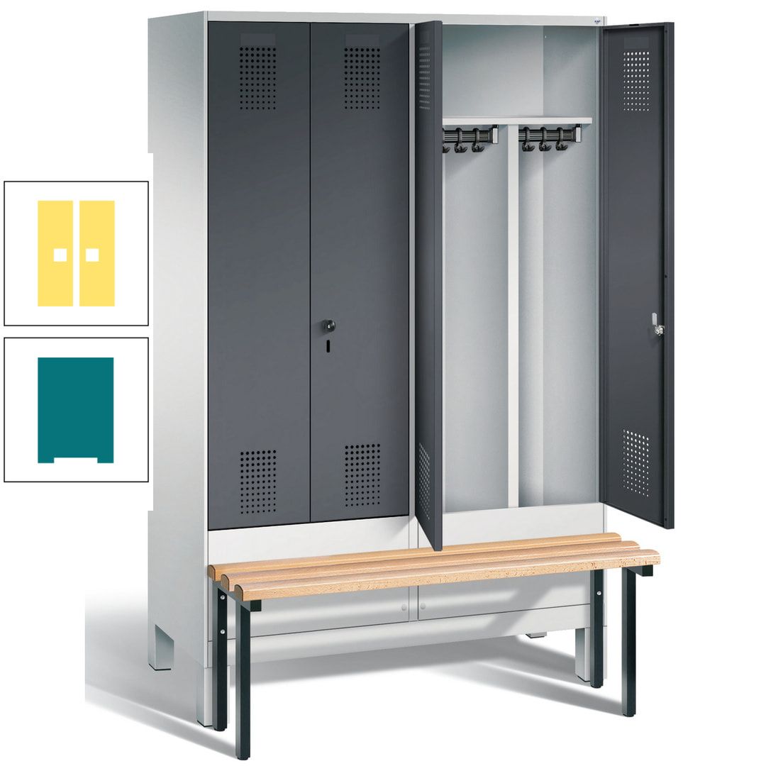 Doppel-Spind, Garderobenschrank, Buche Sitzbank vorgebaut, 4 Abteile a 300 mm, Korpus feuerrot, Tür Wasserblau, 1.850 x 1.200 x 815 mm (HxBxT)