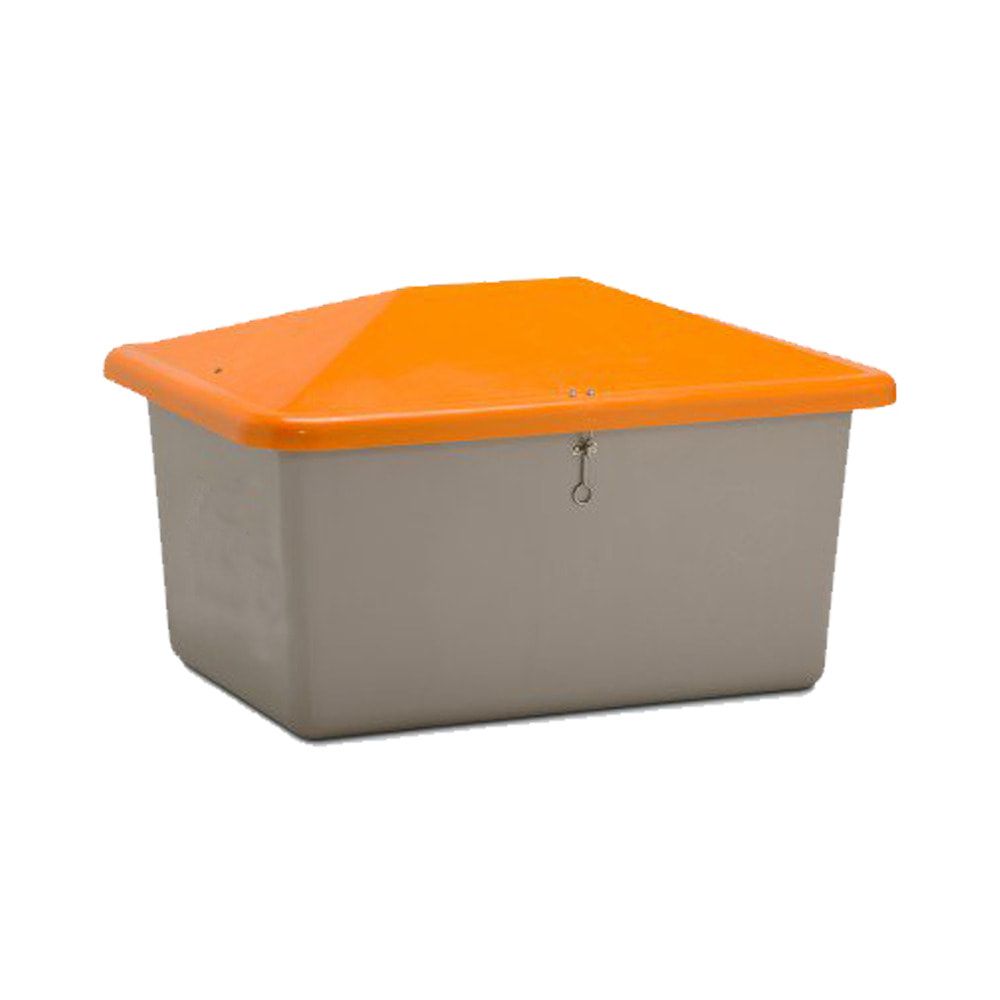 Streugutbehälter für Streusalz, Winterstreumittel, Futtermittel, 550 l Volumen, 780 x 1.340 x 990 mm (HxBxT), GFK, grau/orange