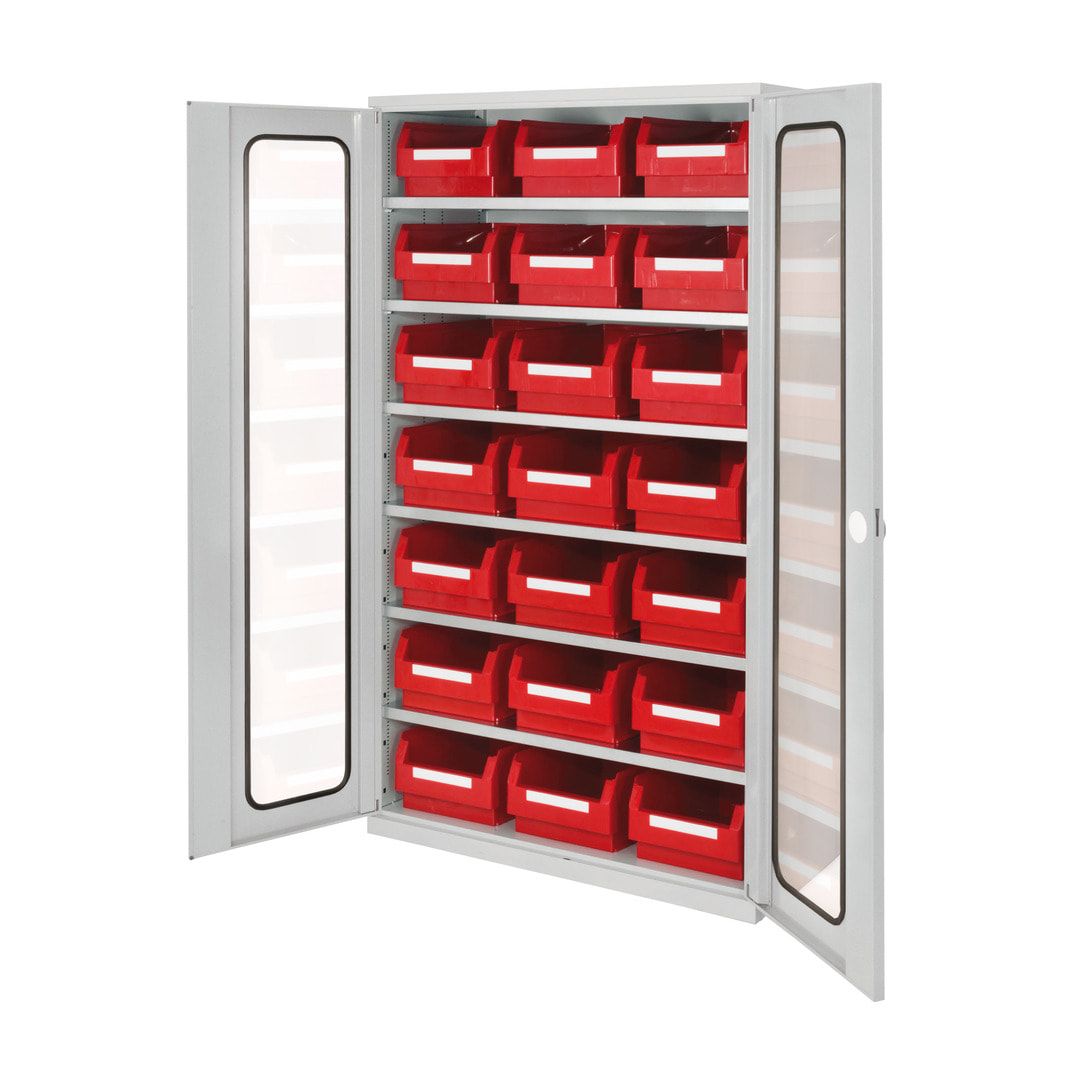 Magazinschrank - 21 Sichtlagerkästen - Lochplattentüren - 6 Böden - 1.950 x 1.130 x 590 mm (HxBxT) - lichtgrau