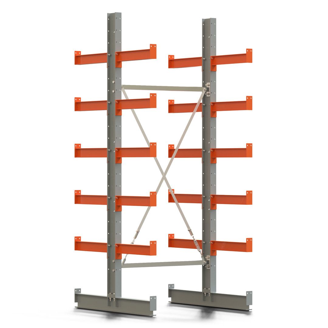 Doppelseitiges Kragarmregal, Anbauregal, 2.500 x 1.000 x 1.120 mm (HxBxT), Nutztiefe 500 mm, Kragarmlast 870 kg, KARL basic, silbergrau/reinorange
