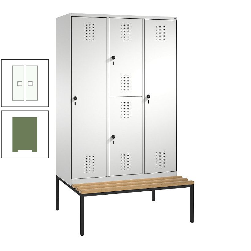 Garderobenschrank, Spind ein- und doppelstöckig Sitzbank, 3 Abteile, 4 Fächer, 2.090x1.200x500 mm (HxBxT), Front anthrazitgrau, Korpus anthrazitgrau