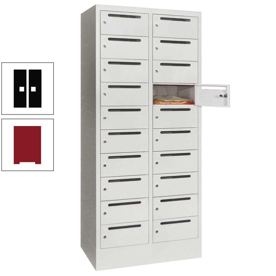 Postverteilerschrank, Schließfachschrank, 2 Abteile a 400 mm, 20 Fächer, 1.850 x 800 x 500 mm (HxBxT), Korpus anthrazitgrau, Front anthrazitgrau
