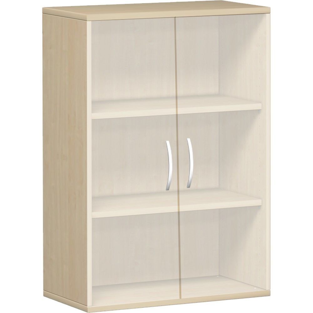 Flügeltürenschrank, rahmenlose Glastüren satiniert, 3 Ordnerhöhen, 2 Einlegeböden, Sockel/Füße, 1.152 x 800 x 425 mm (HxBxT), Korpusfarbe Ahorn
