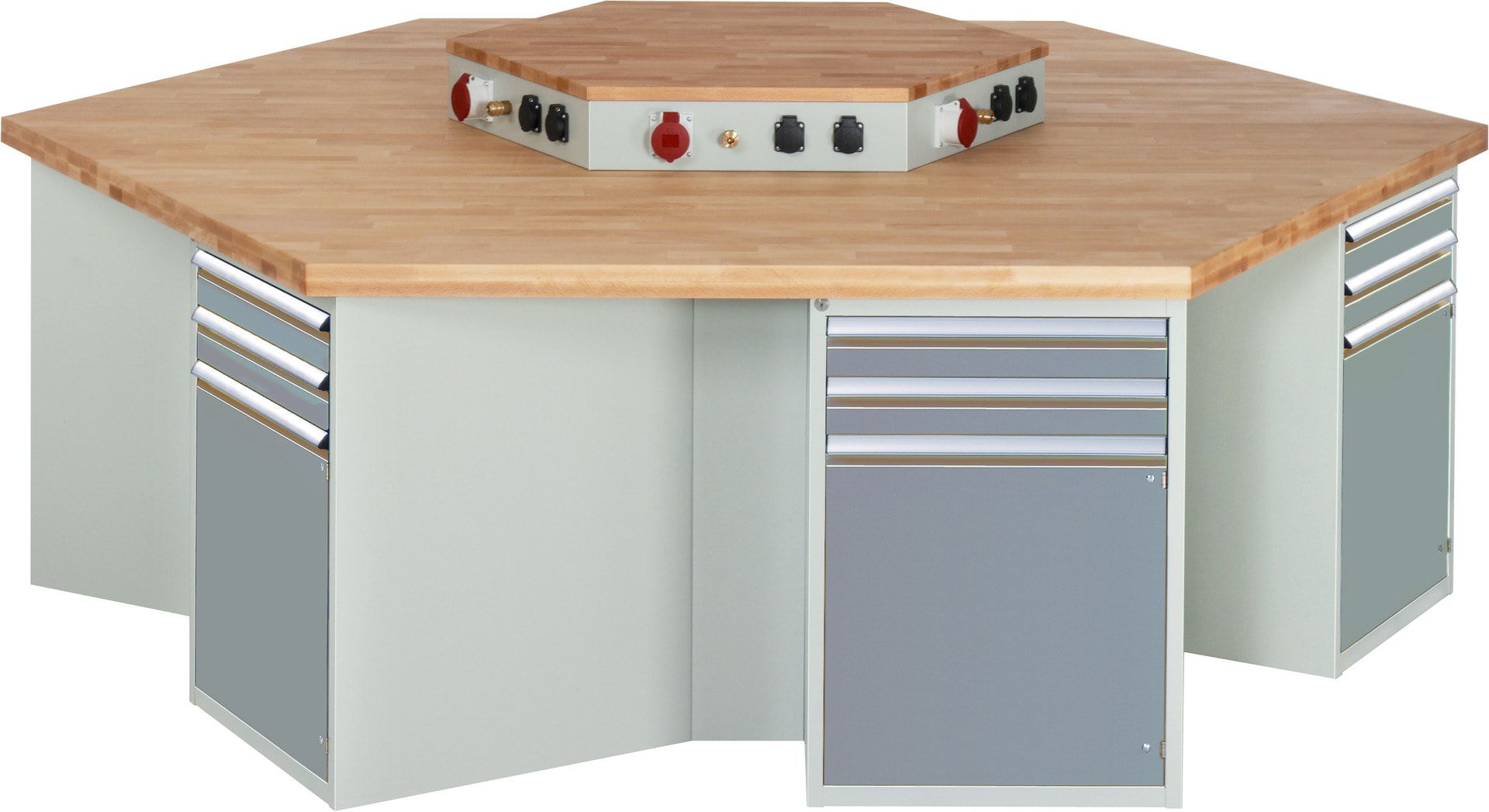 Gruppenwerkbank, Buche, Höhe 840 mm, mit Energieaufsatz, Unterbau-Container, 2 Schubladen, 1 Tür, 1 Boden - Anthrazitgrau