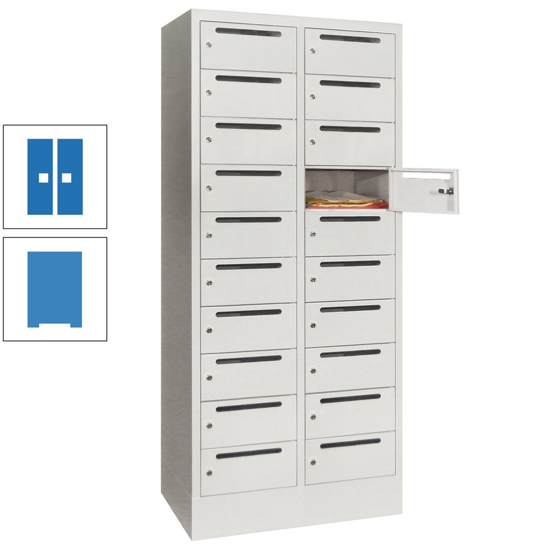 Postverteilerschrank, Schließfachschrank, 2 Abteile a 400 mm, 20 Fächer, 1.850 x 800 x 500 mm (HxBxT), Korpus anthrazitgrau, Front anthrazitgrau