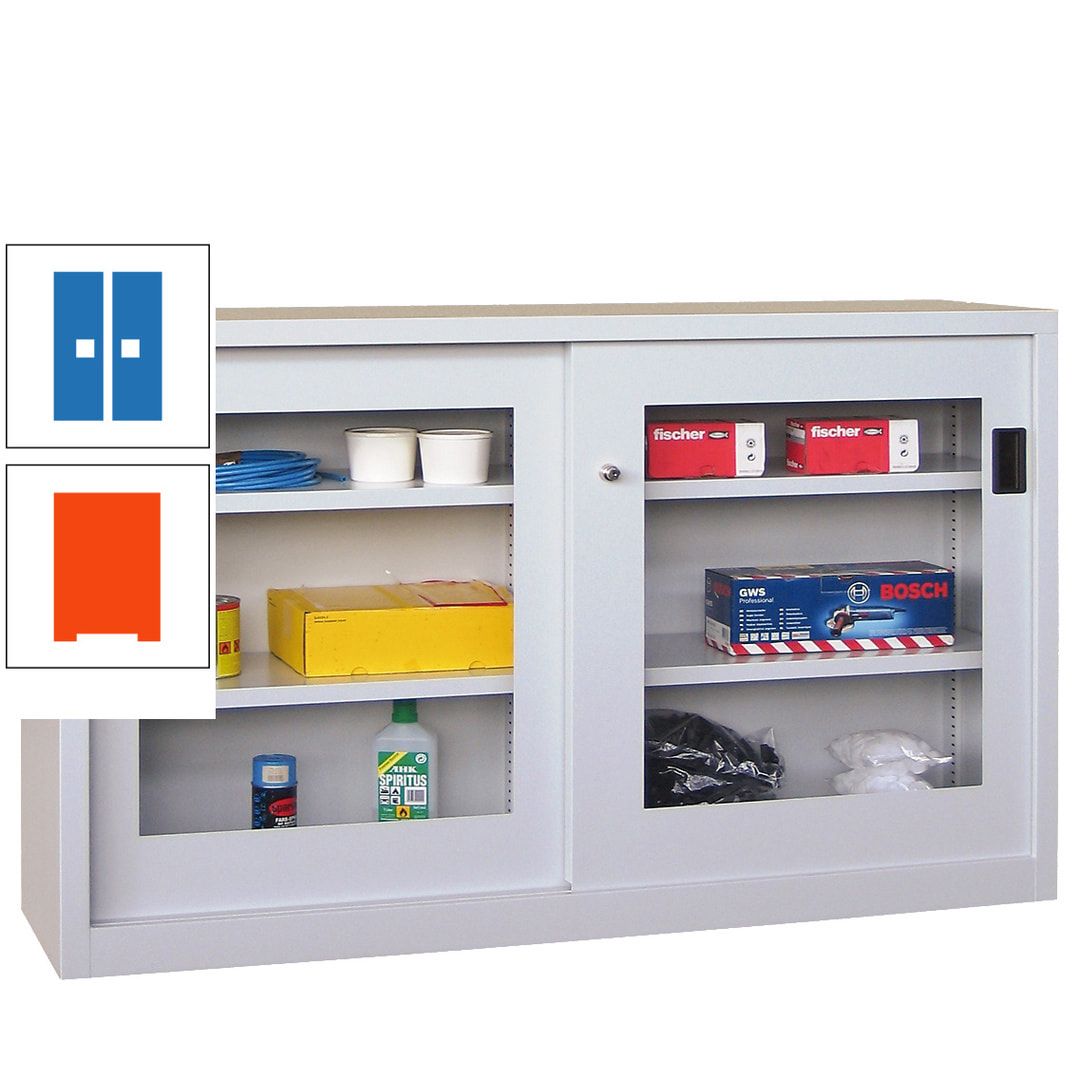 Schiebetürenschrank - Sichtfenstertüren - 1.000x1.500x600 mm (HxBxT) - 4 Böden, verzinkt - Zylinderschloss - anthrazitgrau
