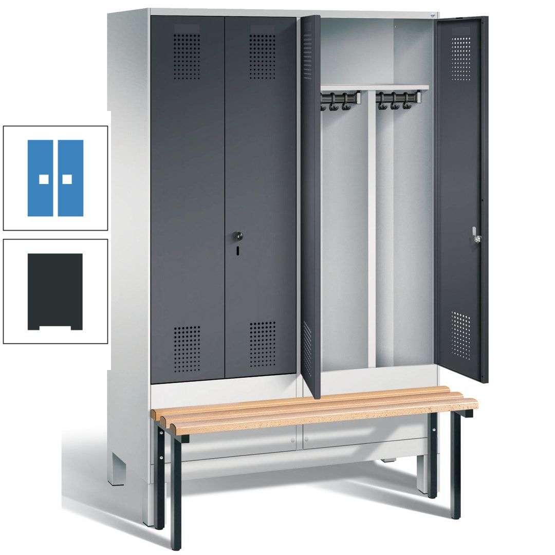 Doppel-Spind, Garderobenschrank, Buche Sitzbank vorgebaut, 4 Abteile a 300 mm, Korpus feuerrot, Tür Wasserblau, 1.850 x 1.200 x 815 mm (HxBxT)