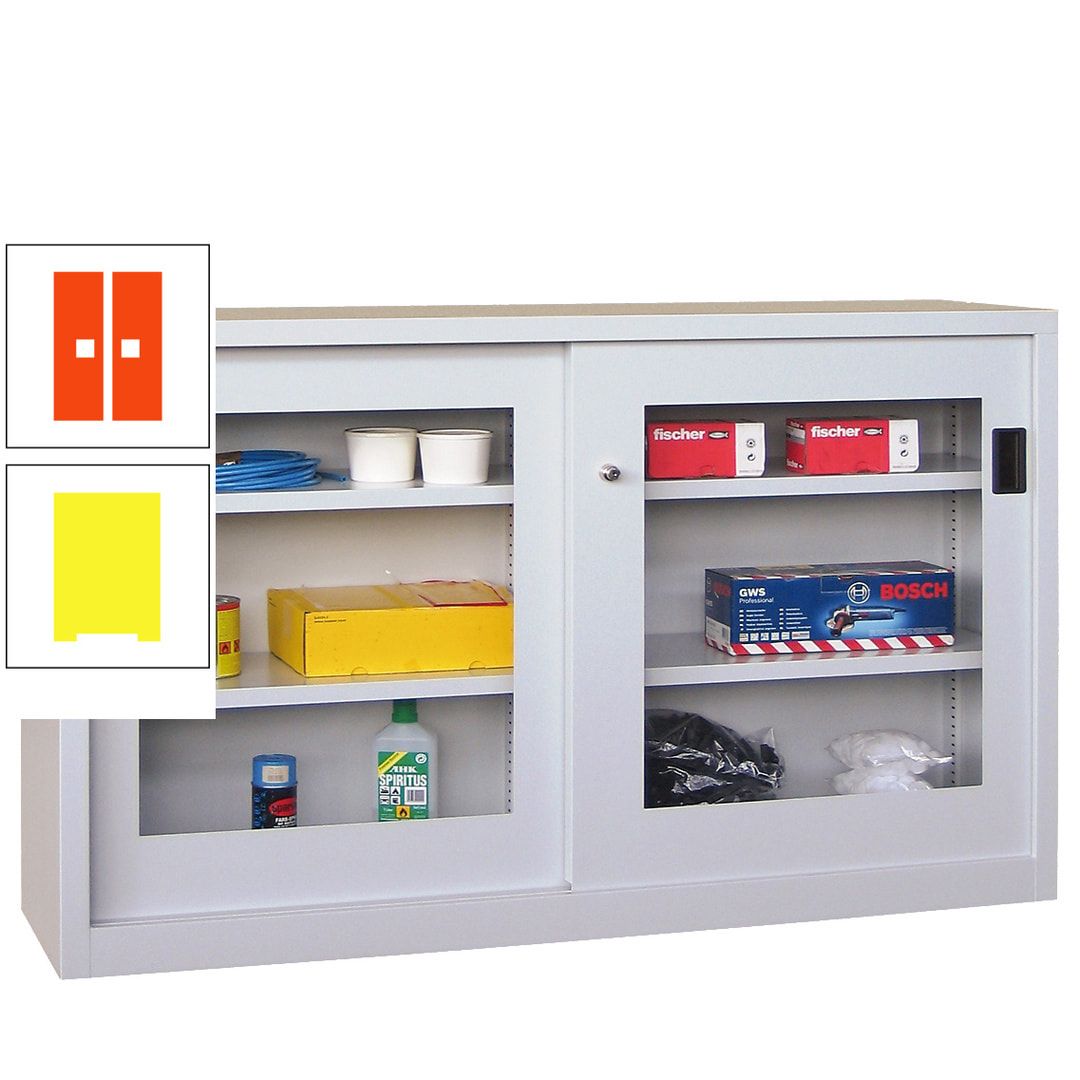 Schiebetürenschrank - Sichtfenstertüren - 1.000x1.500x600 mm (HxBxT) - 4 Böden, verzinkt - Zylinderschloss - anthrazitgrau