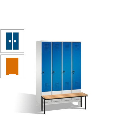 Stahl-Garderobenschrank, Spind, Buche Sitzbank vorgebaut, 4 Abteile a 300 mm, Korpus Lichtgrün, Tür Schwefelgelb, 1.850 x 1.200 x 815 mm (HxBxT)