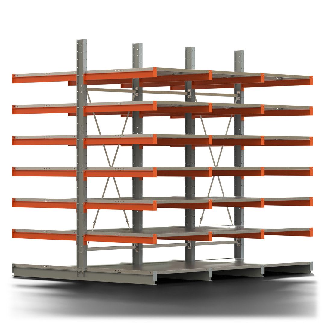 Doppelseitiges Kragarmregal mit Fachböden, 2 Felder, 3.000 x 2.000 (HxB), Nutztiefe 1.000 mm, Kragarmlast 450 kg, KARL basic, silbergrau/reinorange