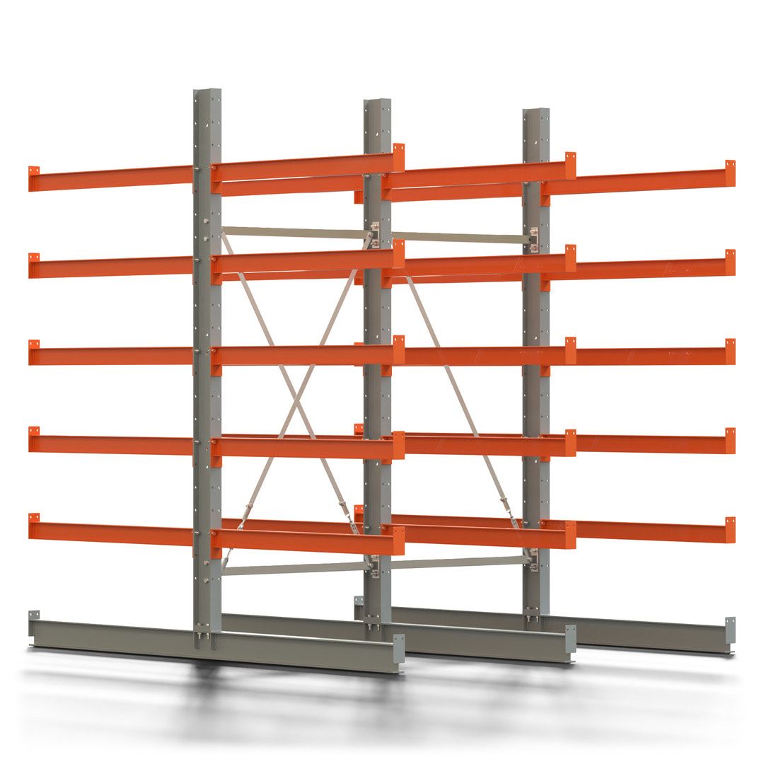 Doppelseitiges Kragarmregal, 2 Felder, 2.500 x 2.000 x 1.120 mm (HxBxT), Nutztiefe 500 mm, Kragarmlast 870 kg, KARL basic, silbergrau/reinorange