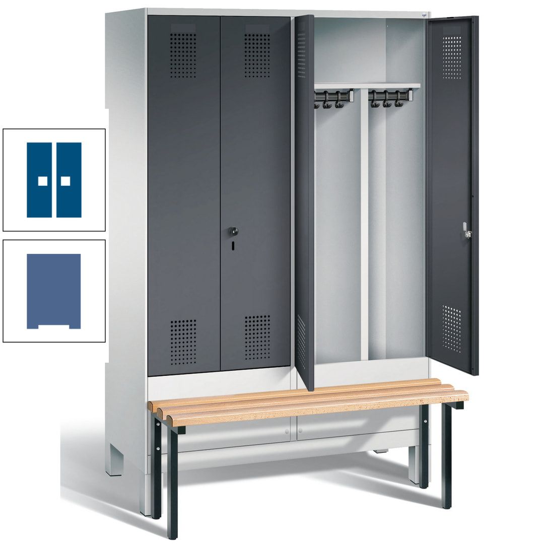 Doppel-Spind, Garderobenschrank, Buche Sitzbank vorgebaut, 4 Abteile a 300 mm, Korpus feuerrot, Tür Wasserblau, 1.850 x 1.200 x 815 mm (HxBxT)