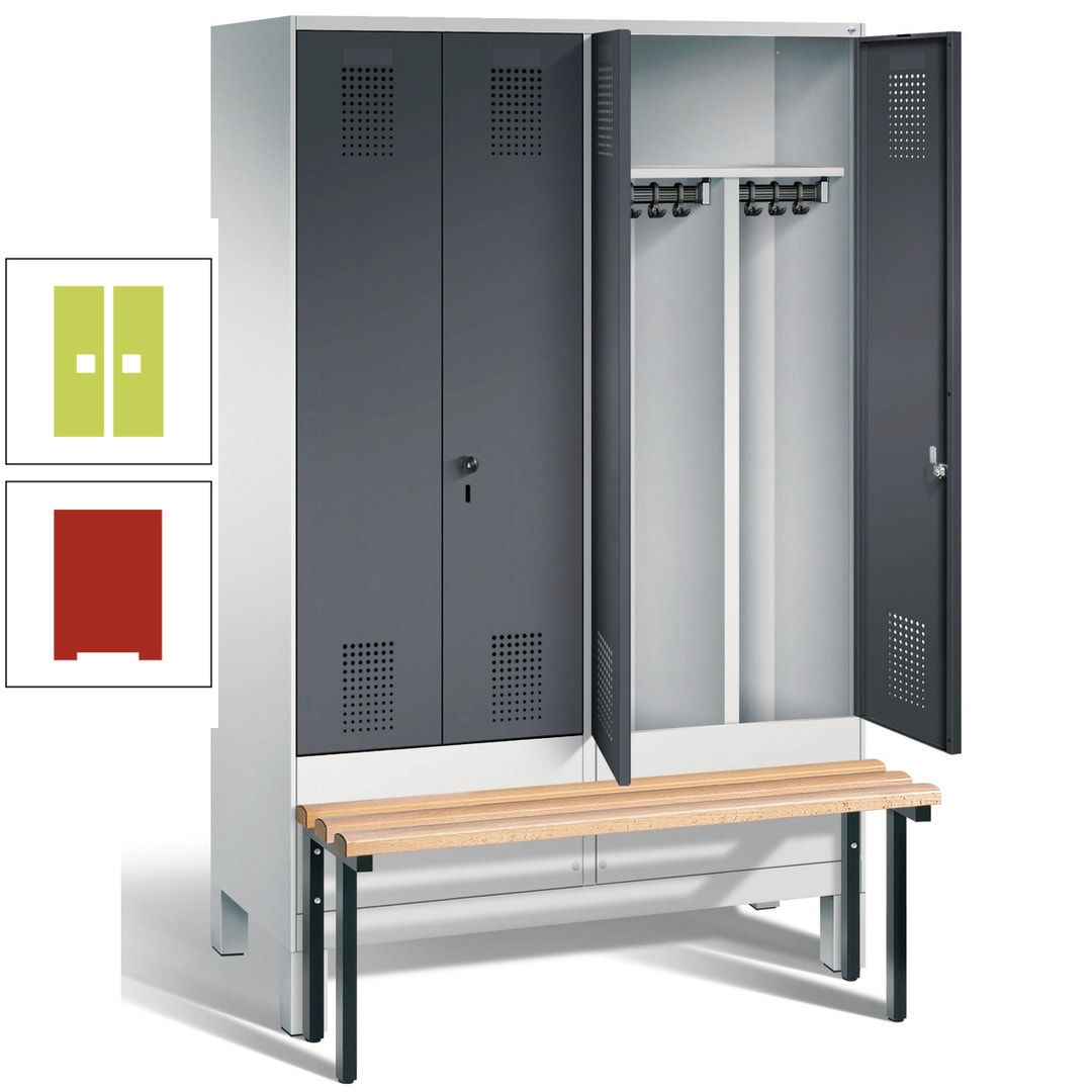 Doppel-Spind, Garderobenschrank, Buche Sitzbank vorgebaut, 4 Abteile a 300 mm, Korpus feuerrot, Tür Wasserblau, 1.850 x 1.200 x 815 mm (HxBxT)