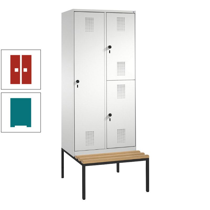 Garderobenschrank, Spind ein- und doppelstöckig Sitzbank, 2 Abteile, 3 Fächer, 2.090 x 800 x 500 mm (HxBxT), Front anthrazitgrau, Korpus anthrazitgrau