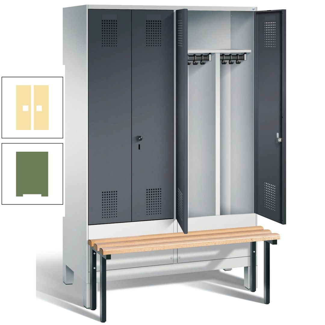 Doppel-Spind, Garderobenschrank, Buche Sitzbank vorgebaut, 4 Abteile a 300 mm, Korpus feuerrot, Tür Wasserblau, 1.850 x 1.200 x 815 mm (HxBxT)
