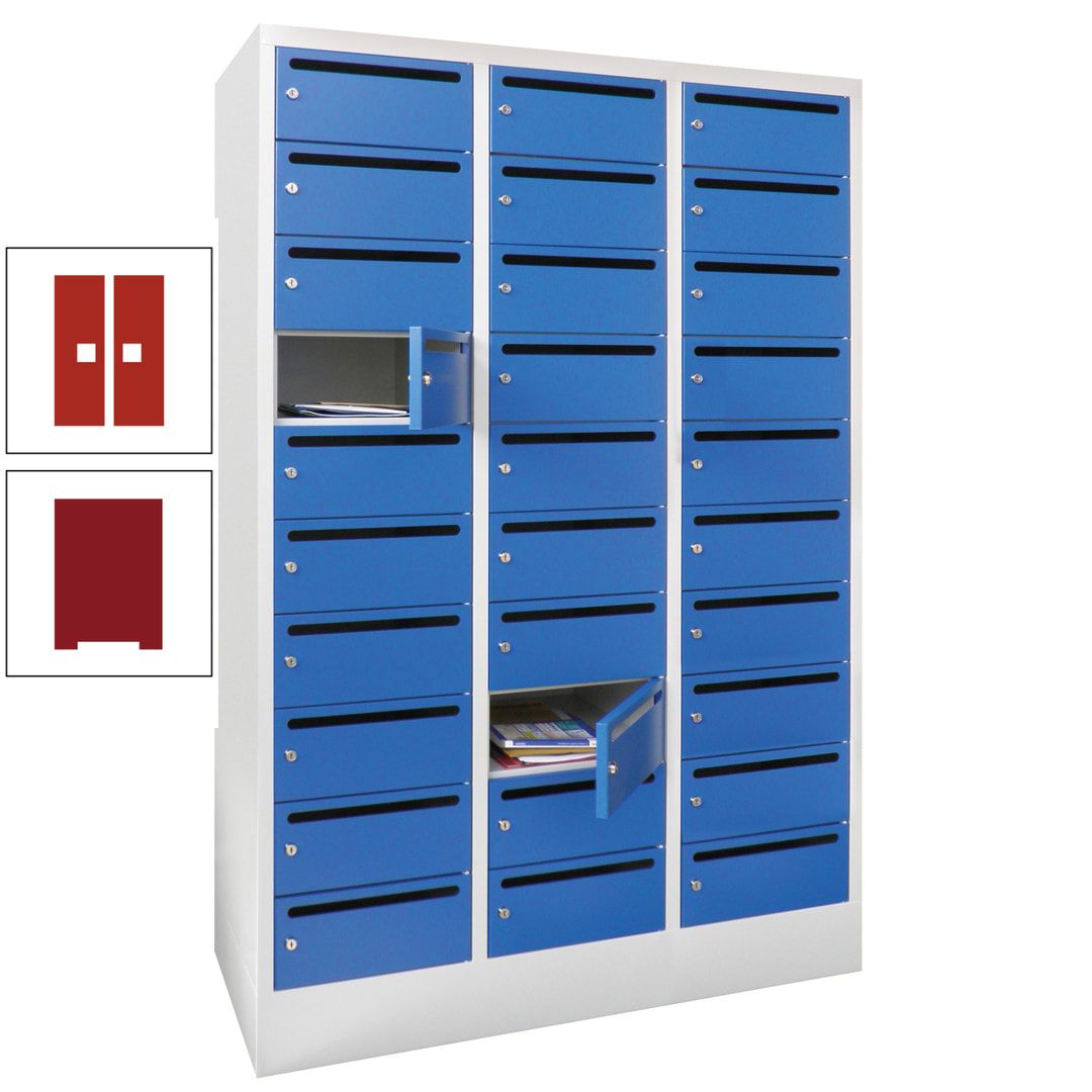 Postverteilerschrank, Schließfachschrank, 3 Abteile a 300 mm, 30 Fächer, 1.850 x 900 x 500 mm (HxBxT), Korpus anthrazitgrau, Front anthrazitgrau