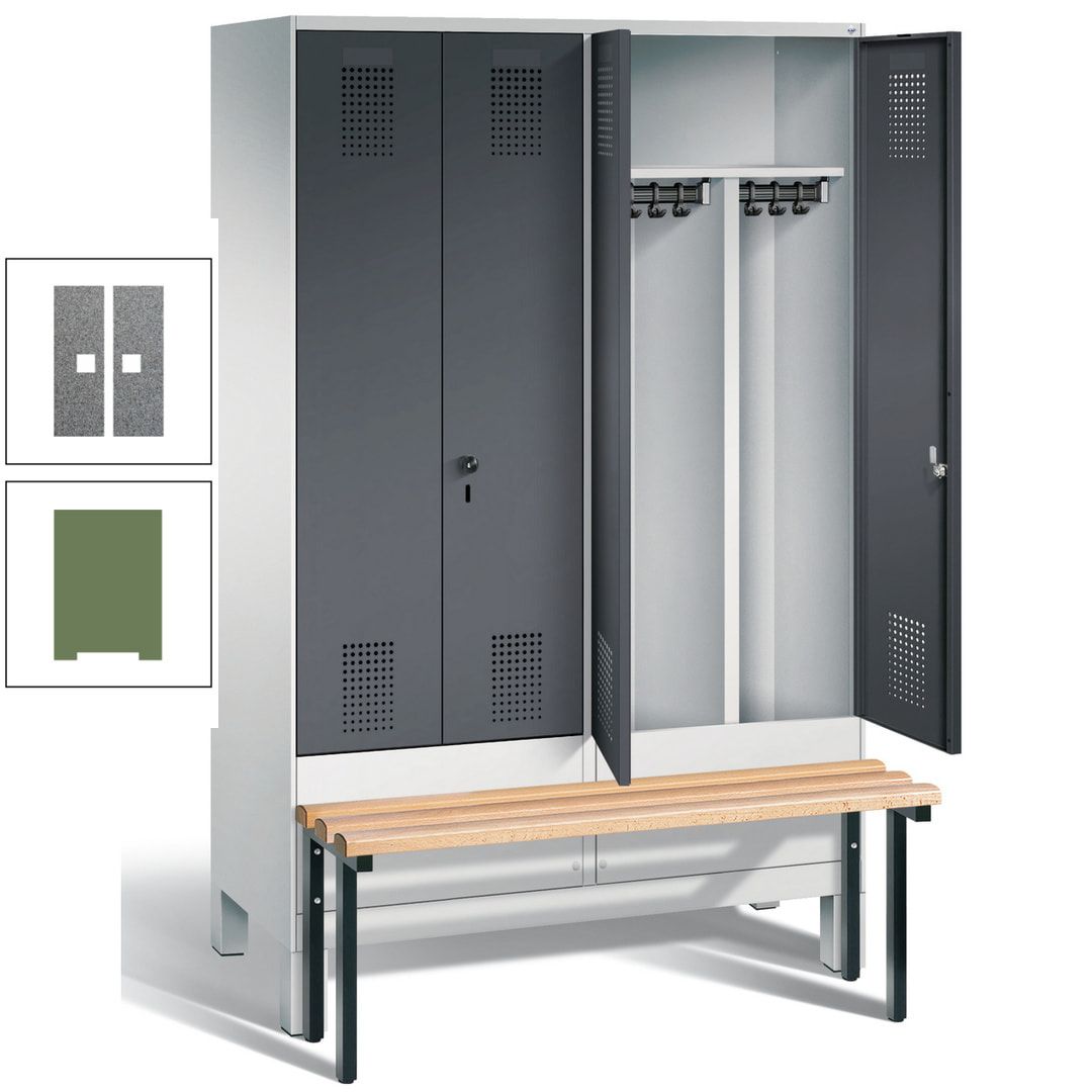 Doppel-Spind, Garderobenschrank, Buche Sitzbank vorgebaut, 4 Abteile a 300 mm, Korpus feuerrot, Tür Wasserblau, 1.850 x 1.200 x 815 mm (HxBxT)
