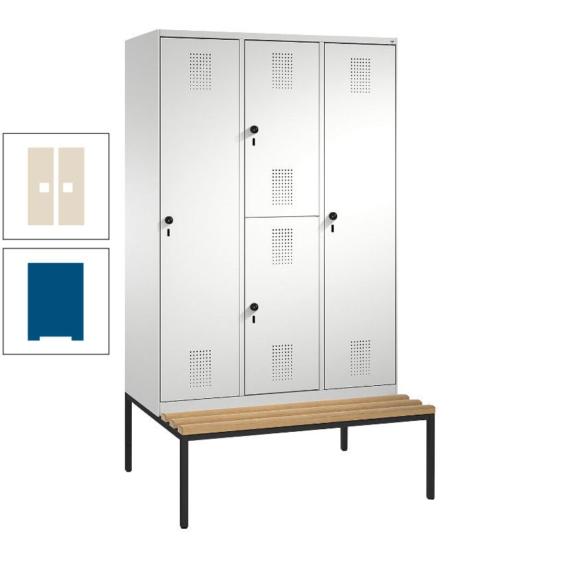 Garderobenschrank, Spind ein- und doppelstöckig Sitzbank, 3 Abteile, 4 Fächer, 2.090x1.200x500 mm (HxBxT), Front anthrazitgrau, Korpus anthrazitgrau