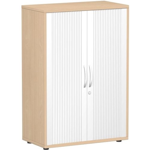 Querrollladenschrank, freistehend, 3 Ordnerhöhen, Schloss, Fachboden 32 mm Raster, 798 x 1.200 x 425 mm(HxBxT), Rollladen silber, Korpusfarbe Nussbaum